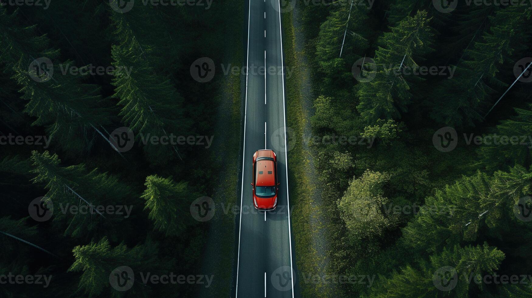 superiore Visualizza di rosso auto su foresta autostrada ai generativo foto