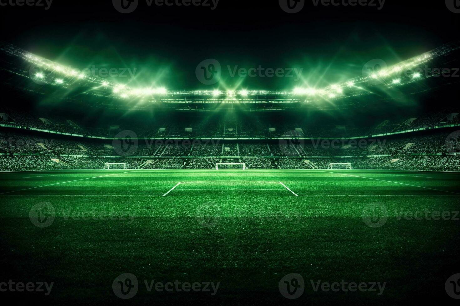 verde calcio campo, luminosa stadio faretti, buio sfondo ai generativo foto