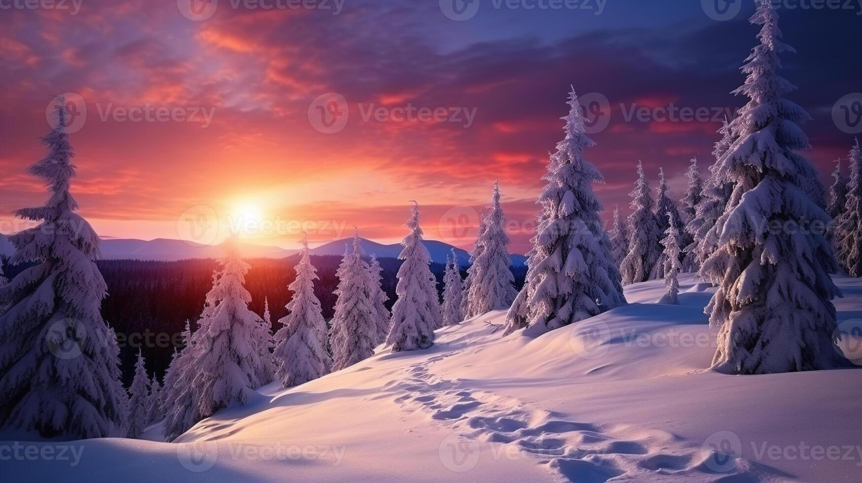 inverno paesaggio sfondo con pino foresta coperto con neve e panoramico cielo a tramonto. nevoso abete albero nel bellezza natura scenario ai generativo foto