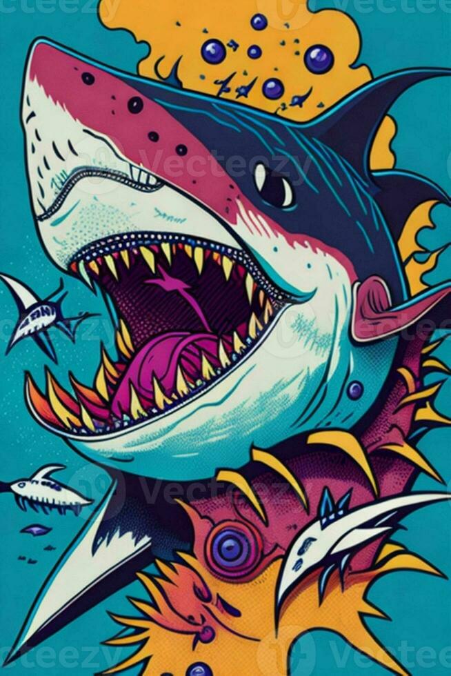 un' dettagliato illustrazione di un' squalo per un' maglietta disegno, sfondo, moda foto