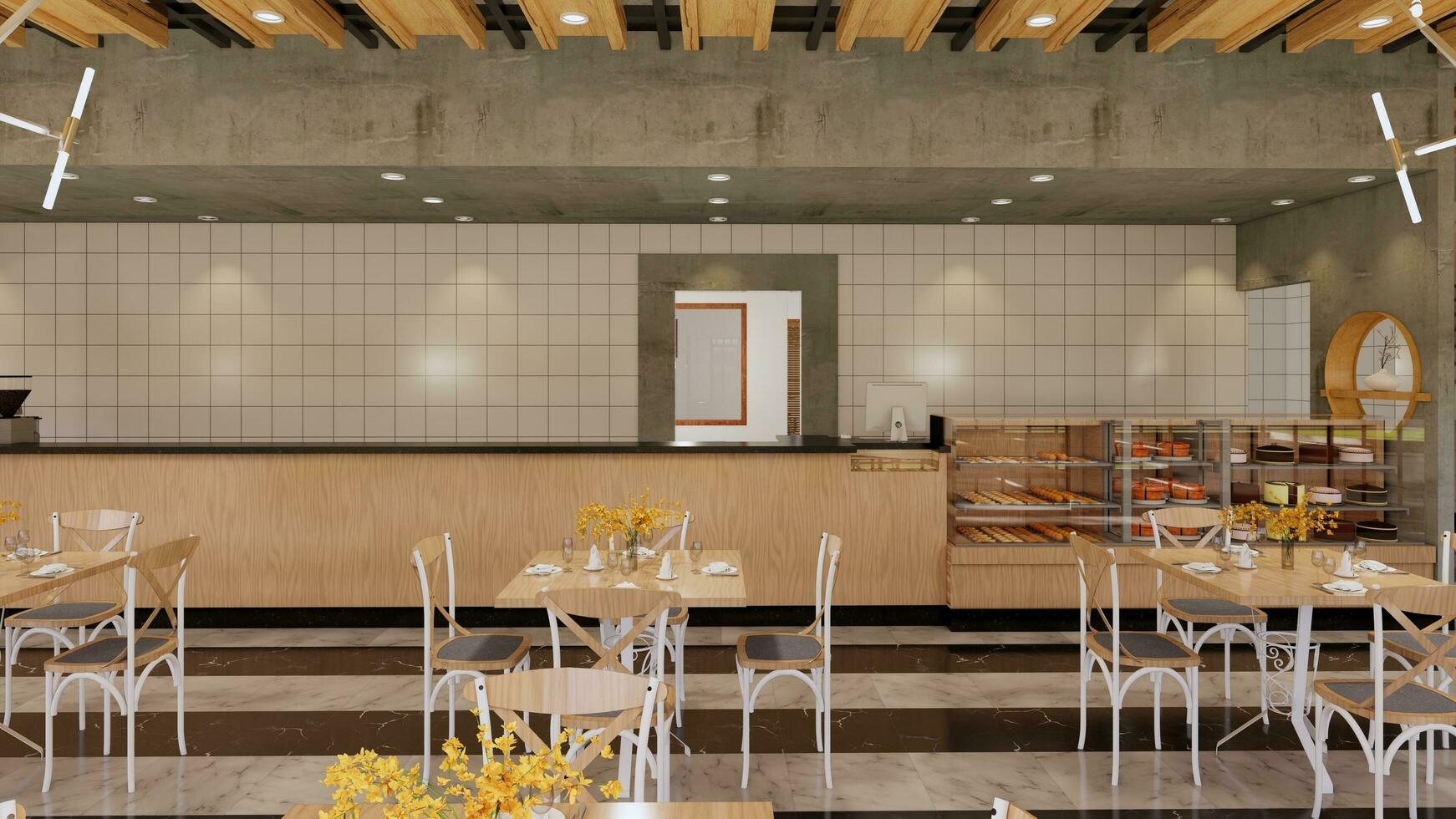 interno di ristorante, forno e caffè negozio nel industriale architettonico stile. 3d interpretazione foto