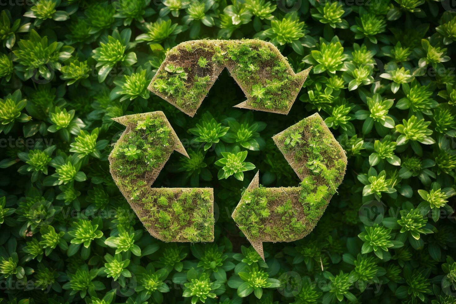 riciclare simbolo su il verde erba, sostenibile e eco ambiente concetto. ai generativo foto