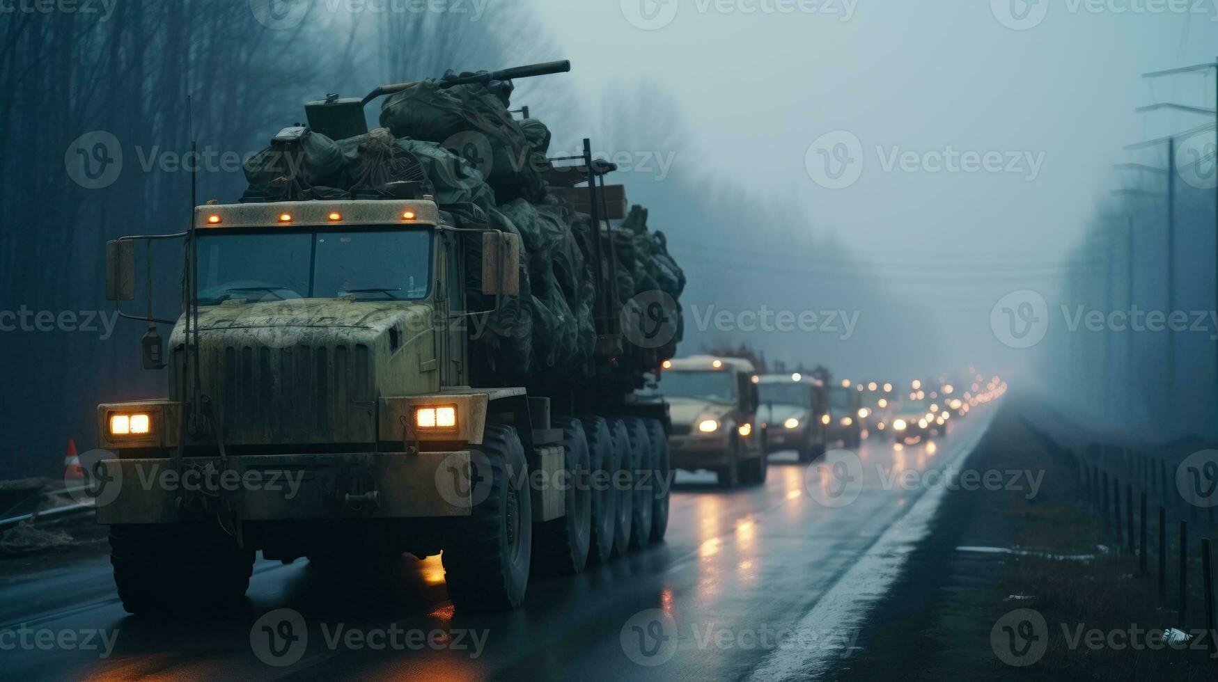 colonna di militare attrezzatura, militare veicoli su il strada generativo ai foto