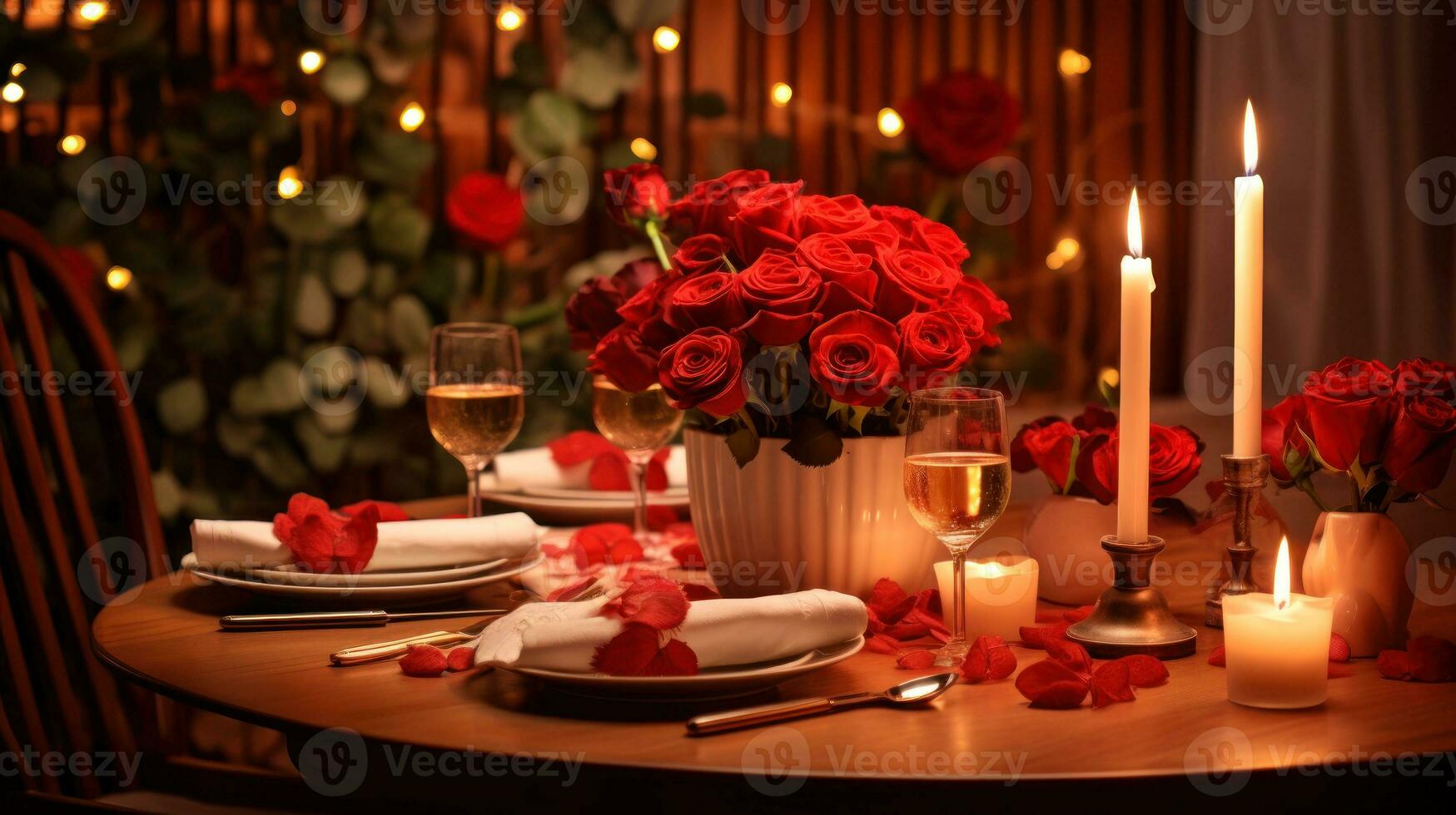 romantico cena con un' rosso rosa mazzo generativo ai foto