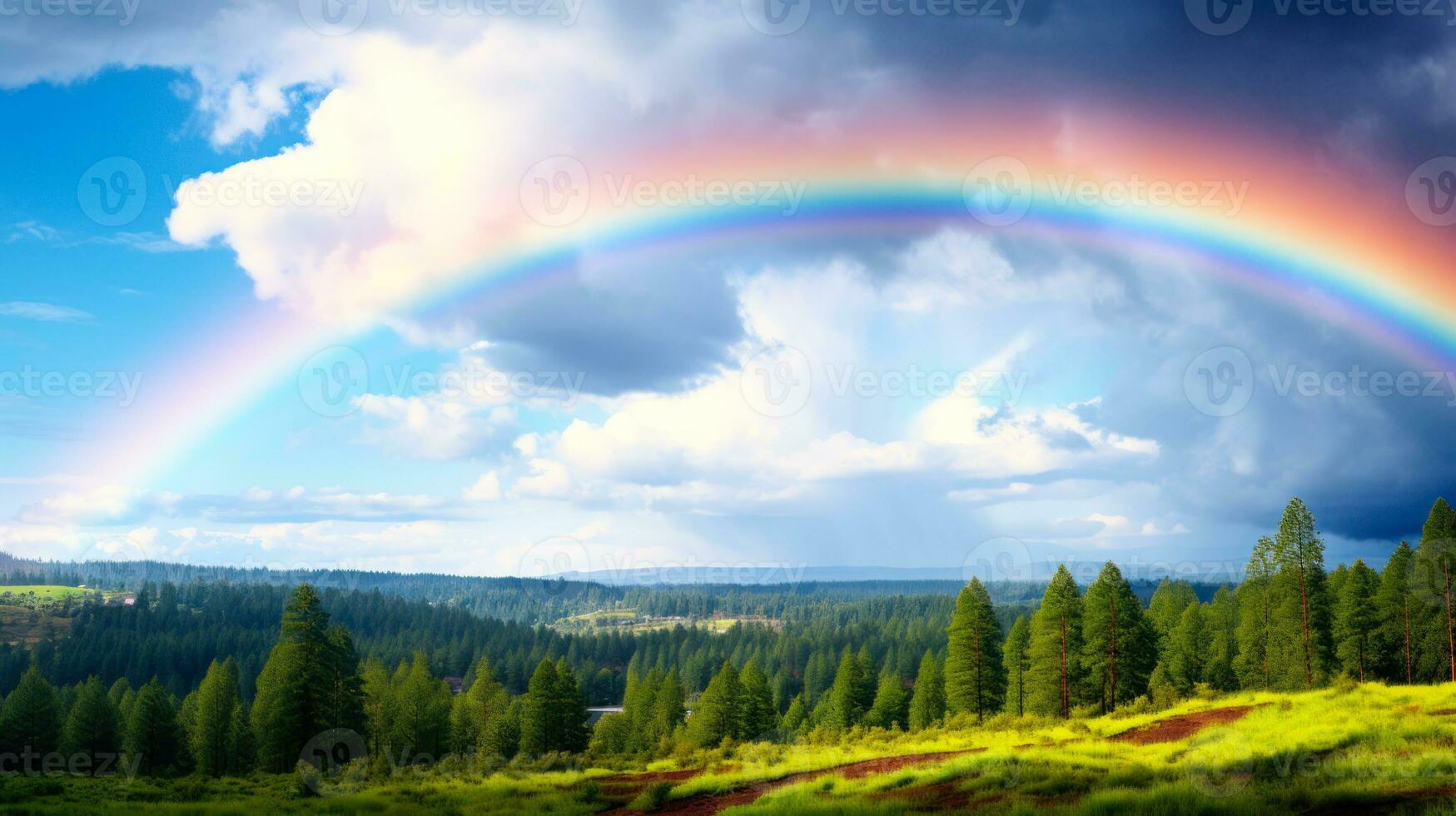 colorato arcobaleno al di sopra di il foresta generativo ai foto