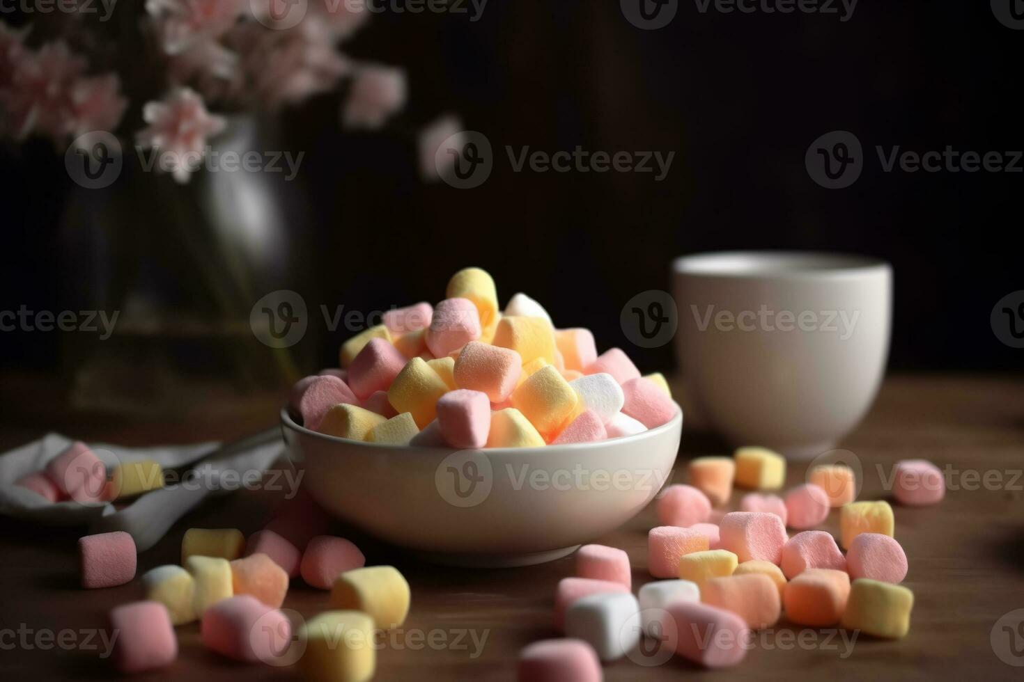 un' ciotola di marshmallows è su il tavolo Il prossimo per il fiori. pastello colori. ai generativo foto