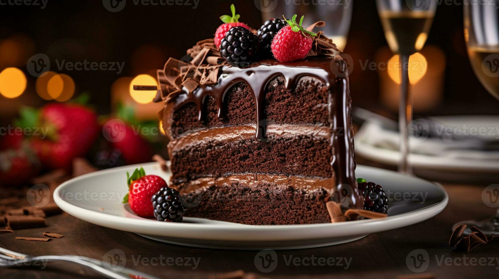 un' fetta cioccolato torta ornato con succulento ganache, fresco frutti di bosco, e un' spolverare di cacao polvere. generativo ai foto