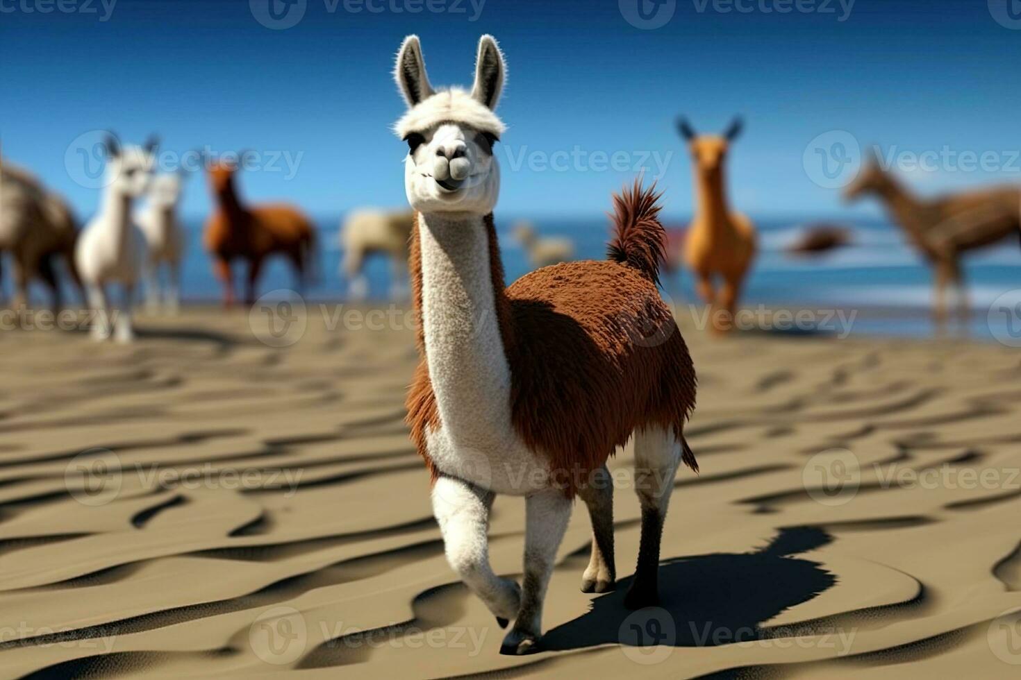 lama su il spiaggia con palma alberi. ai generativo foto