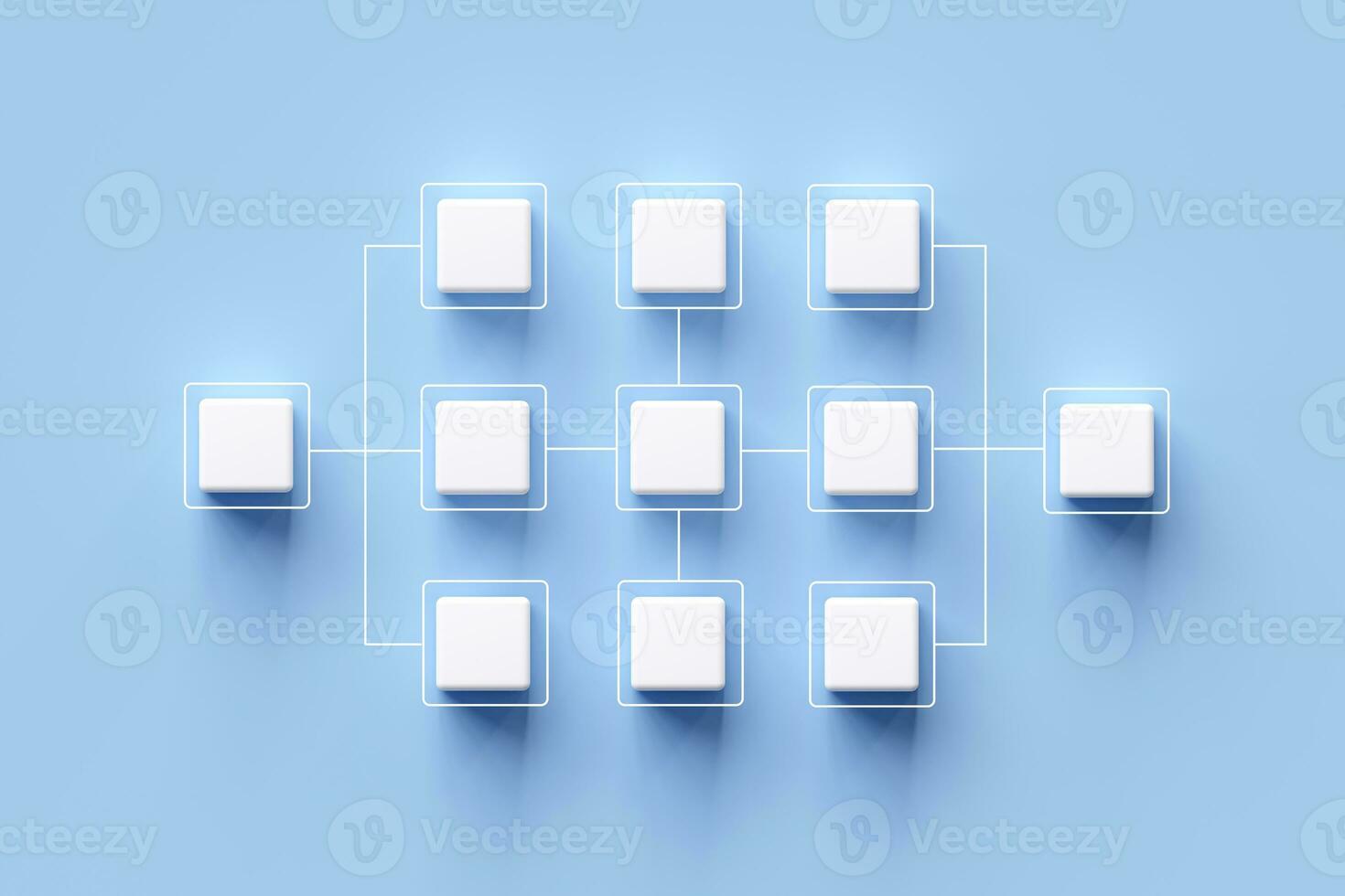 bianca cubi con Linee collegamento diagrammi su blu sfondo. organizzativa struttura concetto. posizione grafico. organizzativa gestione e umano risorsa gestione. foto