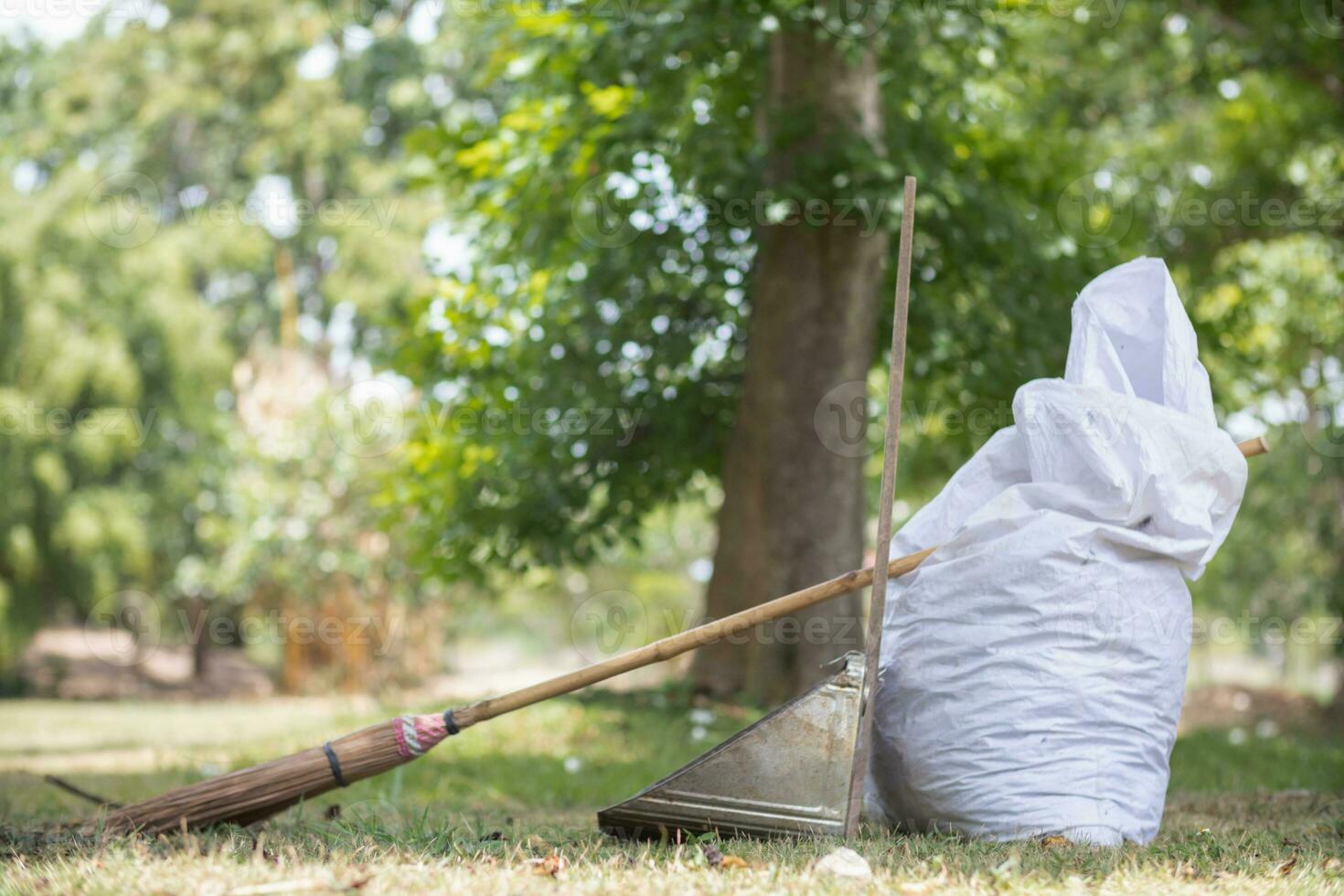 bianca sacchi siamo Usato per contenere morto le foglie quello avere caduto stagionalmente nel primavera come modo per pulito parco e mescolare le foglie per rendere compost. Noce di cocco scopa si siede Il prossimo per polvere notizia in anticipo e sacco per asciutto le foglie. foto