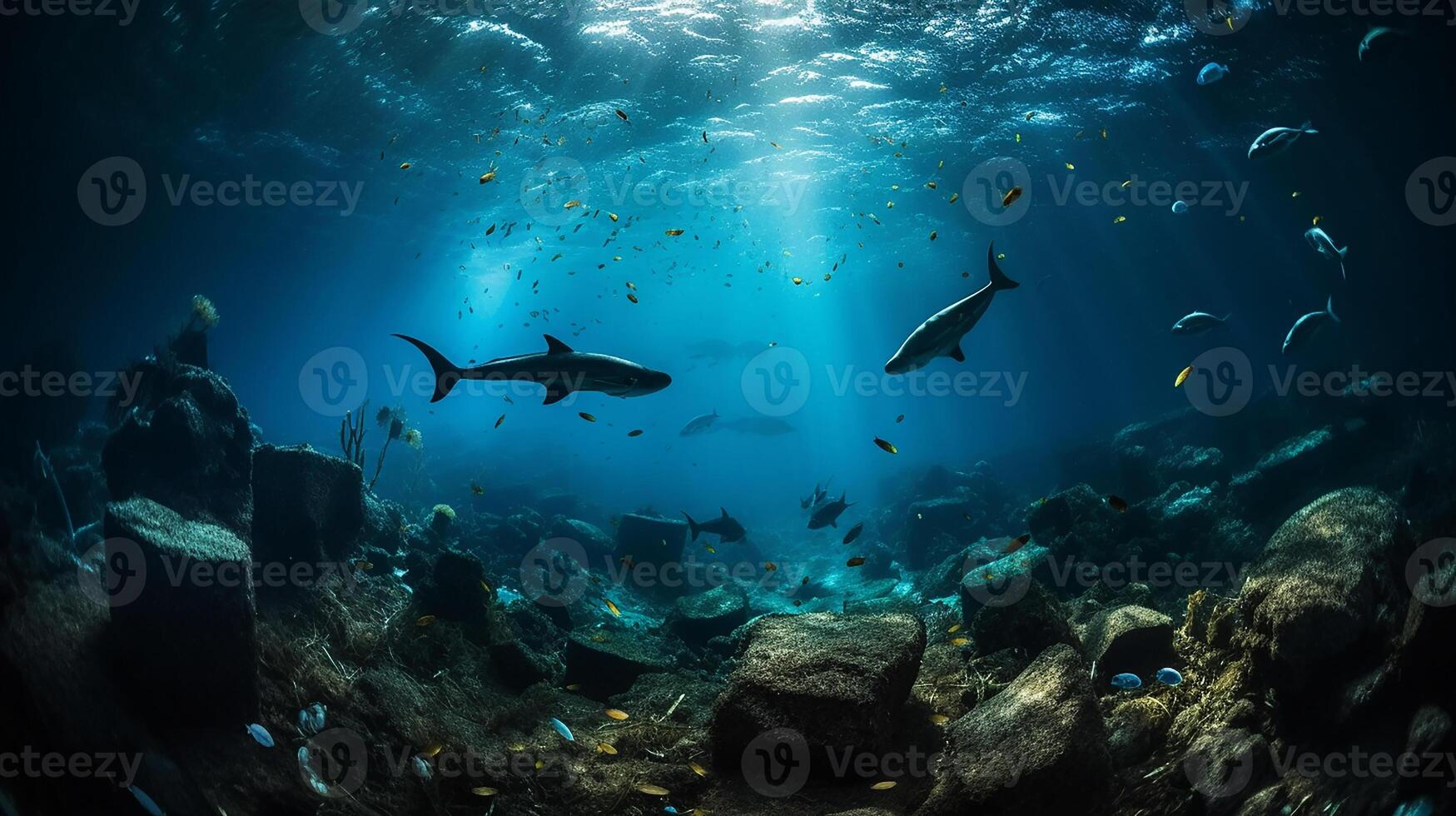 un' delfino intrappolati nel un' plastica Borsa nel il oceano. ambientale protezione. generativo ai foto