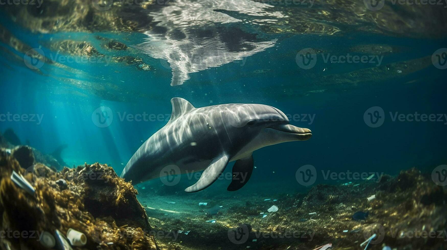 un' delfino intrappolati nel un' plastica Borsa nel il oceano. ambientale protezione. generativo ai foto