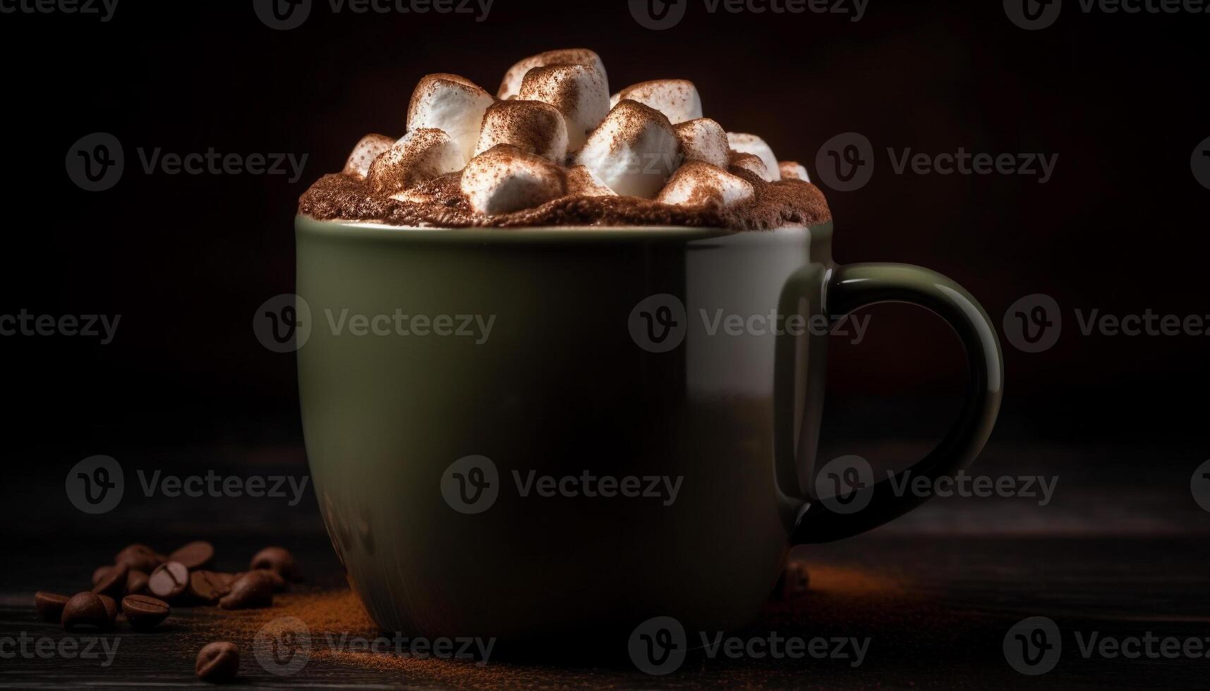 caldo caffè su di legno tavolo, buio e schiumoso, Perfetto rinfresco generato di ai foto