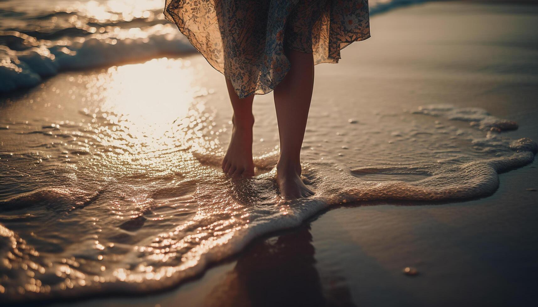 giovane donne a piedi su il sabbia, godendo il tramonto insieme generato di ai foto