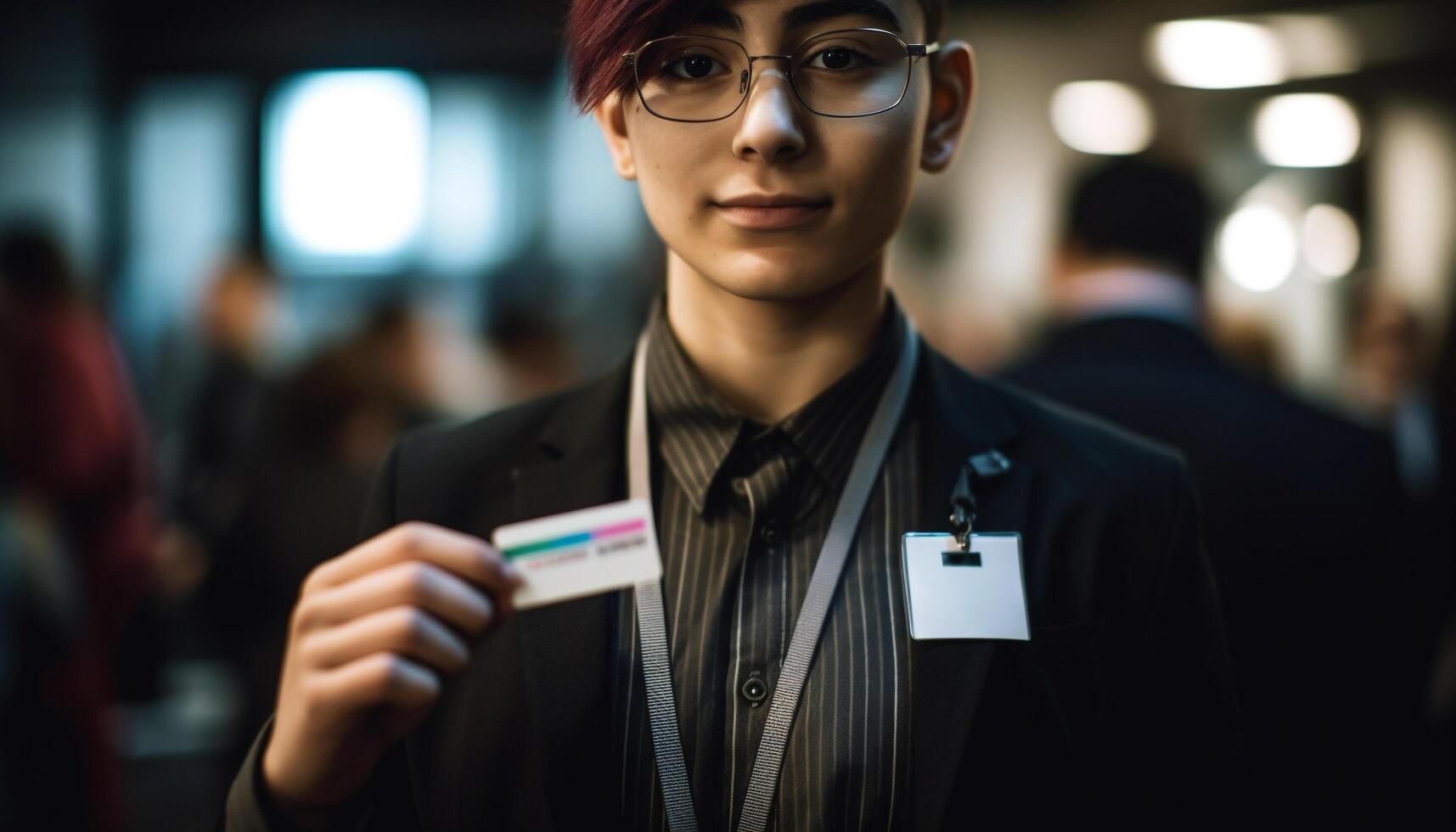 fiducioso uomo d'affari e donna d'affari sorridente, Tenere attività commerciale carte, guardare professionale generato di ai foto