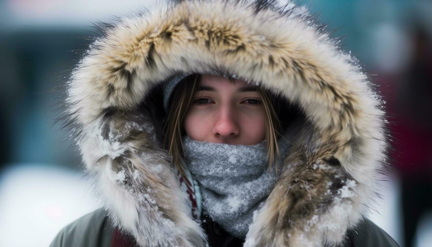 sorridente giovane donna nel pelliccia cappotto gode inverno congelato bellezza generato di ai foto