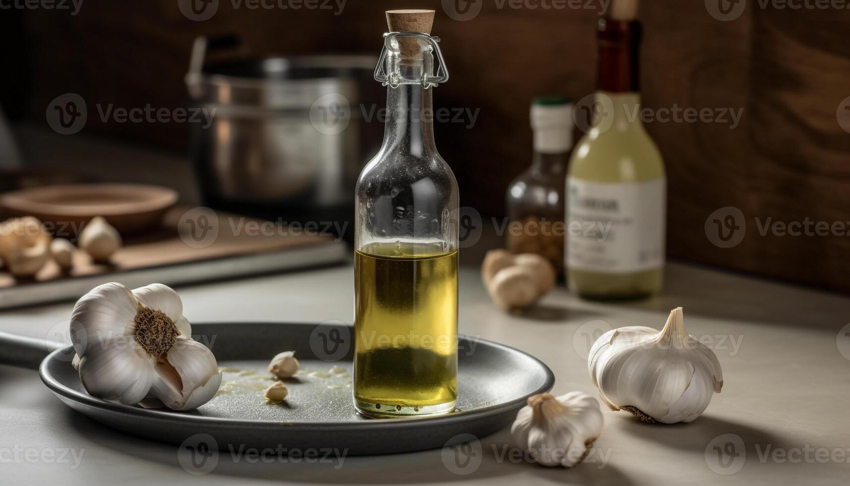 fresco aglio, legna tavolo, oliva olio, verdura, cucinando Spezia, salutare mangiare generato di ai foto