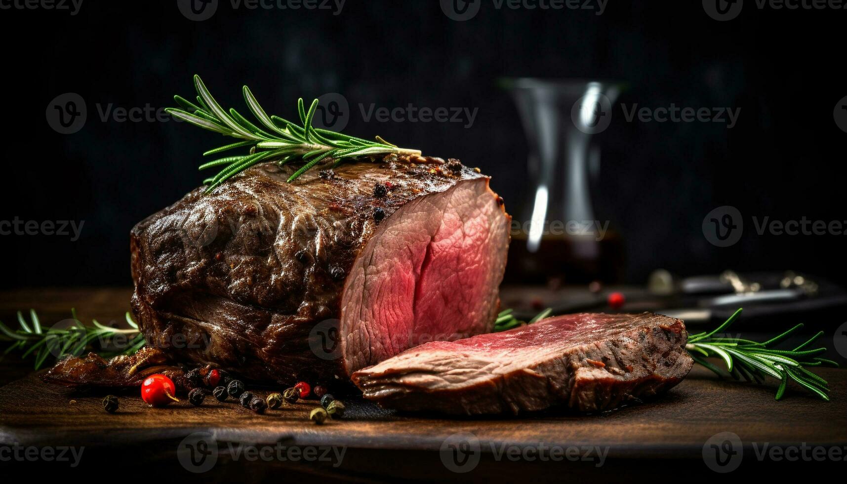 appena grigliato bistecca su un' rustico di legno tavolo, condito per perfezione generato di ai foto