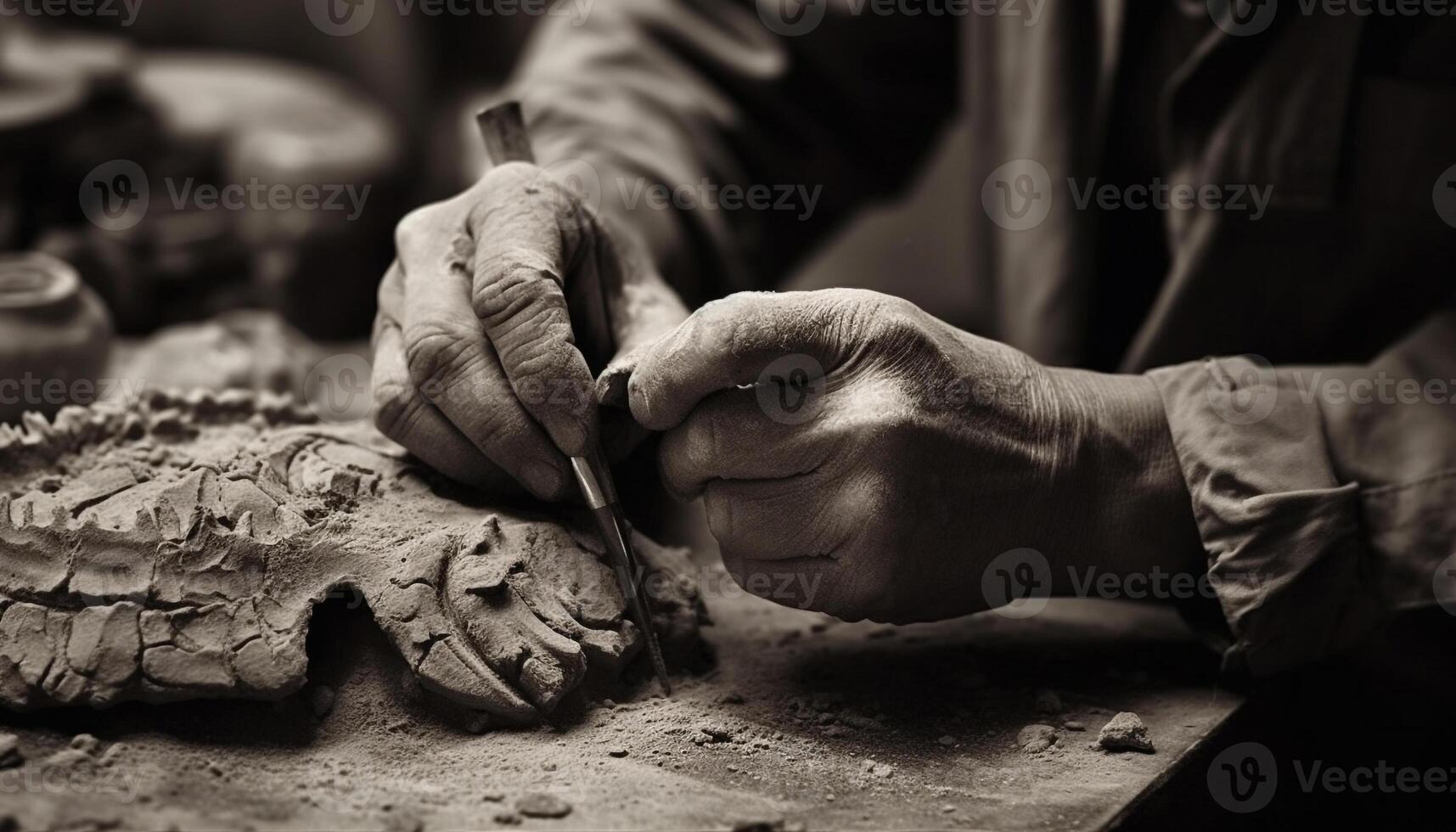 craftsperson Lavorando nel un' ceramica officina, modellare argilla su un' tavolo generato di ai foto