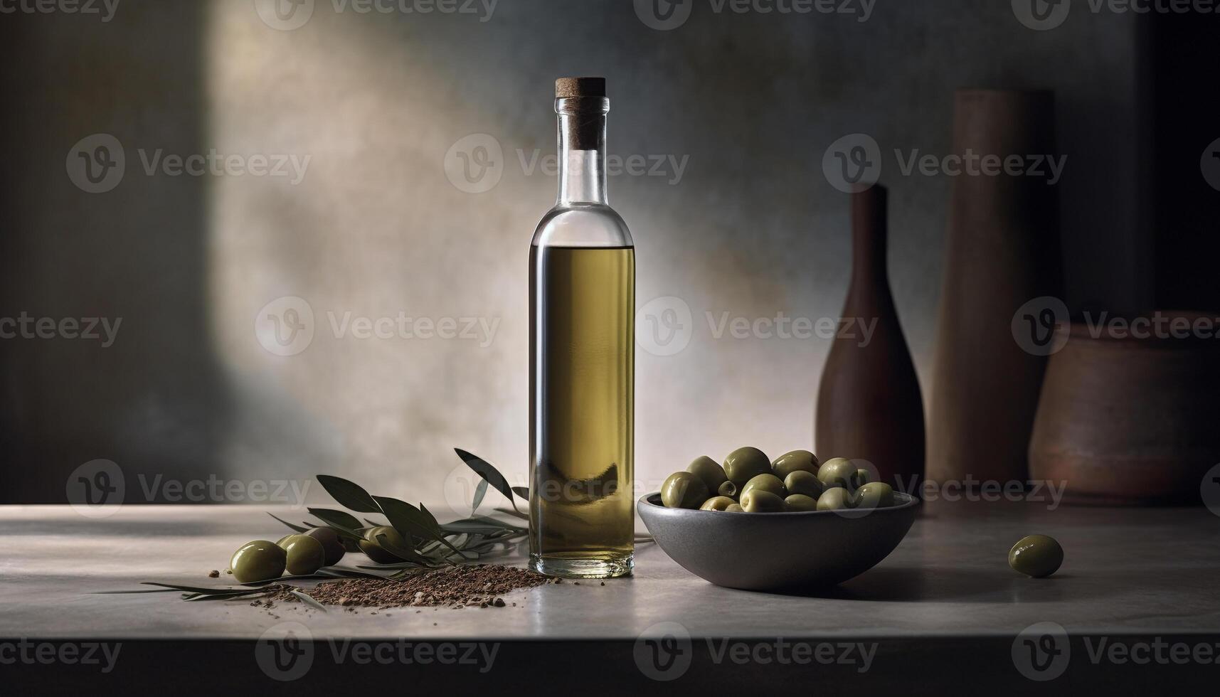 freschezza di natura generosità, oliva olio, liquido oro su tavolo generato di ai foto