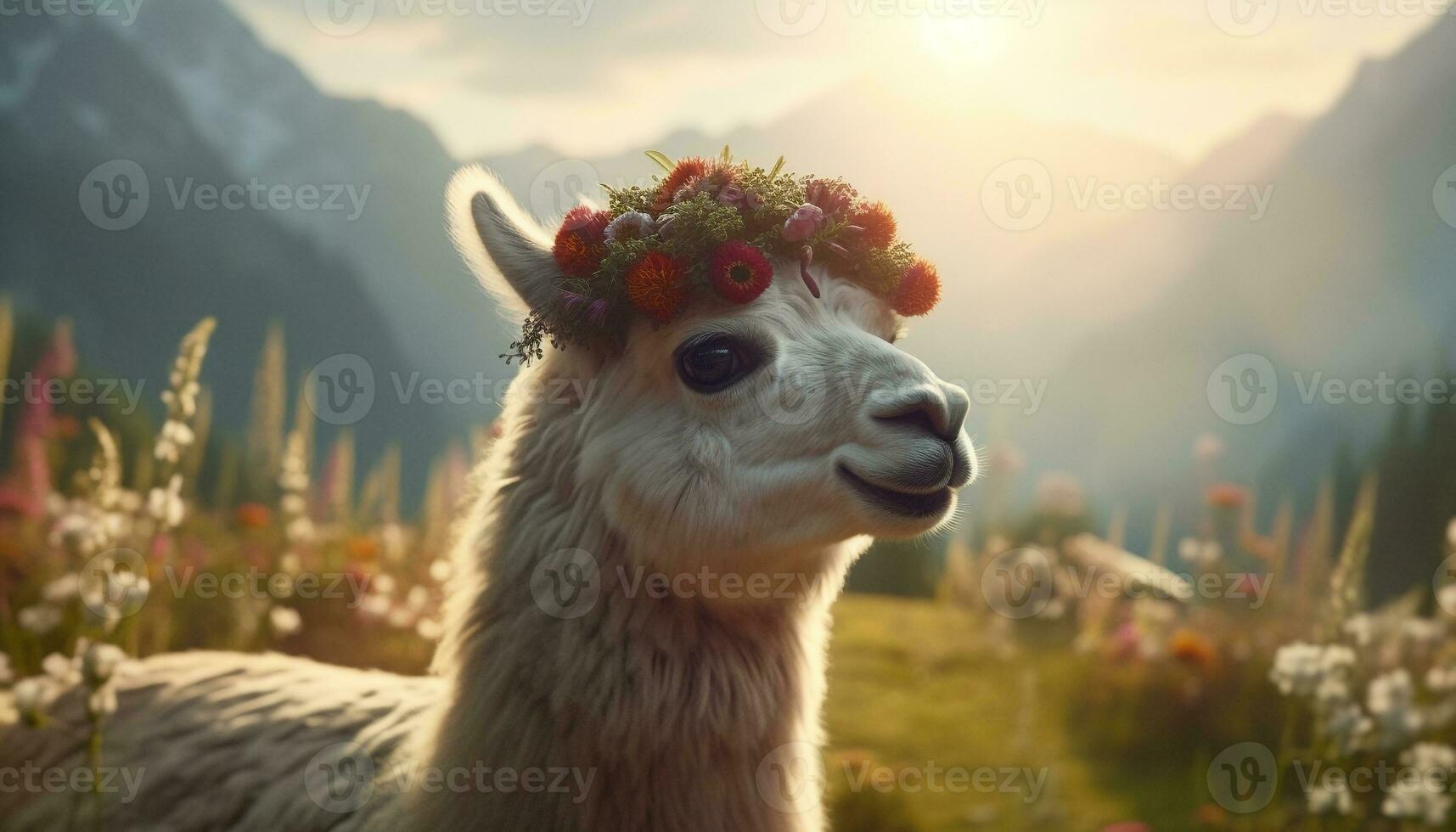 un' carino alpaca sorrisi, guardare a il telecamera nel il prato generato di ai foto