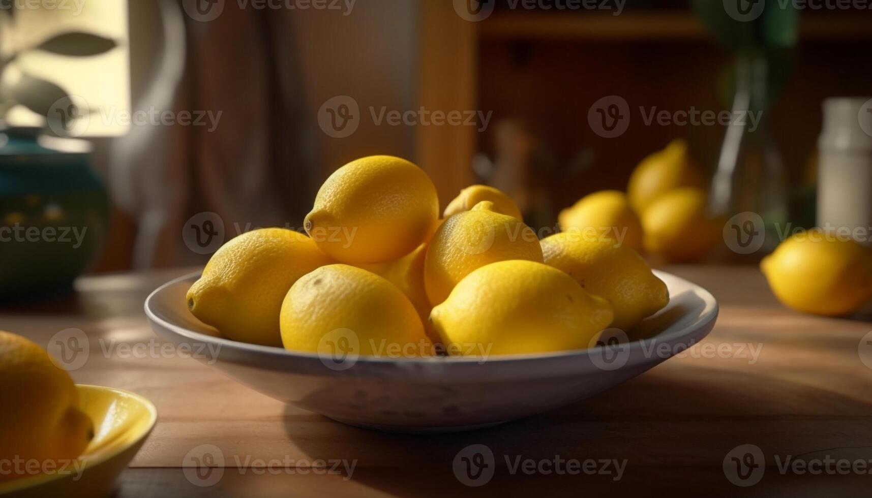 fresco giallo Limone fetta su rustico di legno tavolo, salutare e succoso generato di ai foto