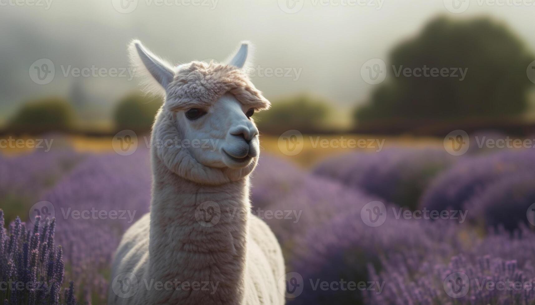 carino alpaca con viola lana pascolo nel verde prato generato di ai foto