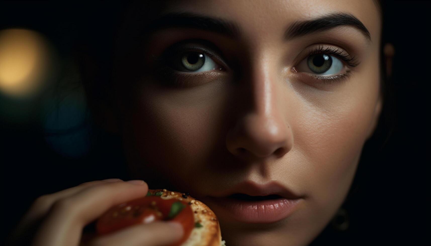 uno bellissimo donna mangiare un' merenda, guardare a il telecamera generato di ai foto