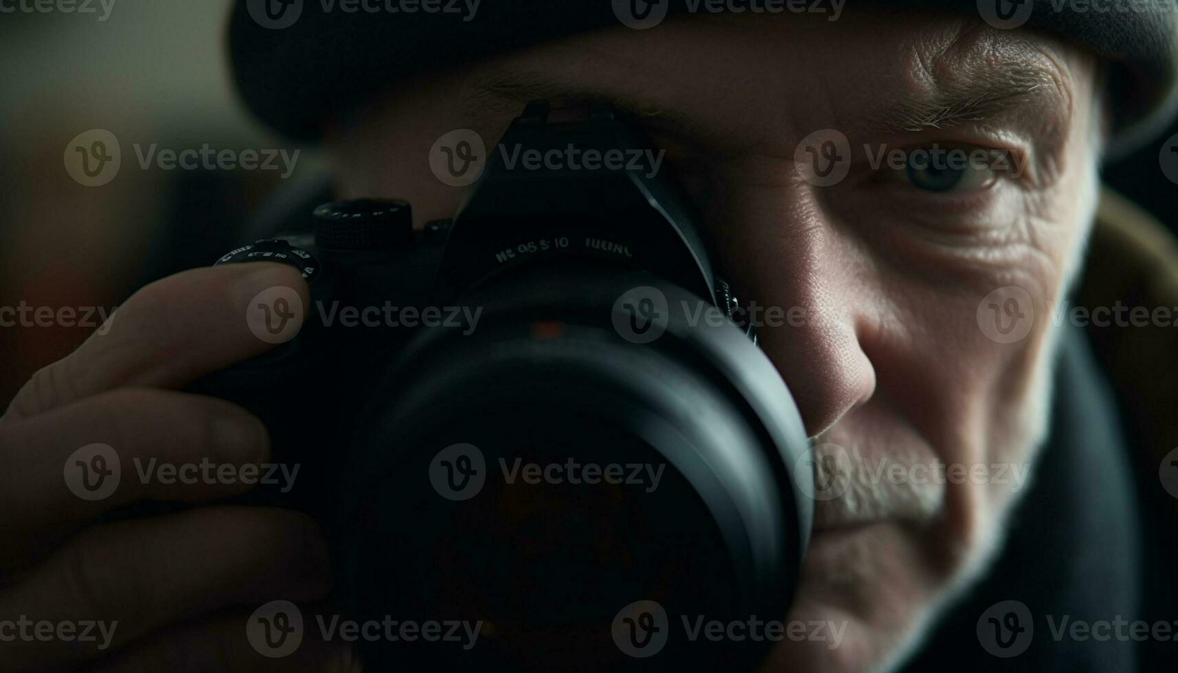 un' uomo Tenere telecamera, Fotografare all'aperto, messa a fuoco su primo piano competenza generato di ai foto