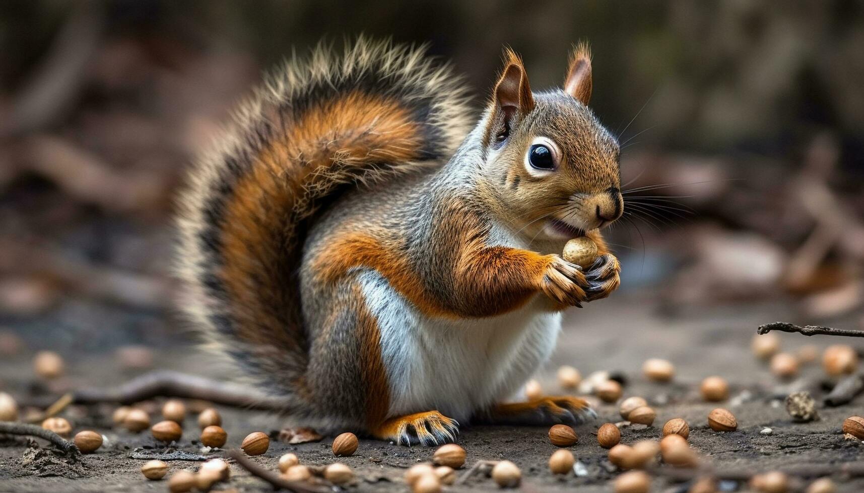 carino piccolo roditore seduta su un' albero, mangiare un' Noce generato di ai foto