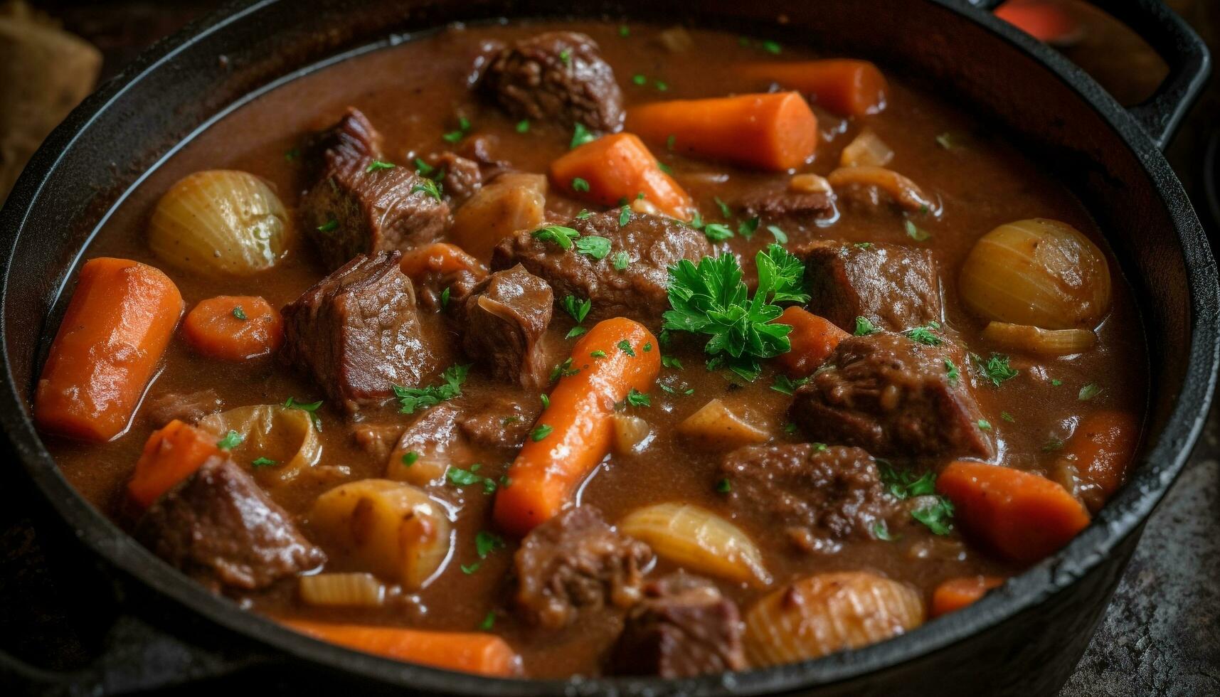 fatti in casa Manzo stufato, cucinato nel un' rustico cucinando padella, pronto per mangiare generato di ai foto