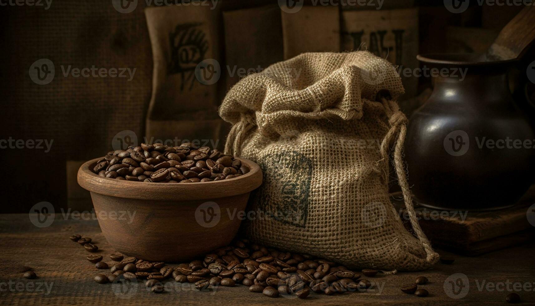 Borsa di tela ruvida detiene fresco caffè fagioli, rustico e aromatico generato di ai foto