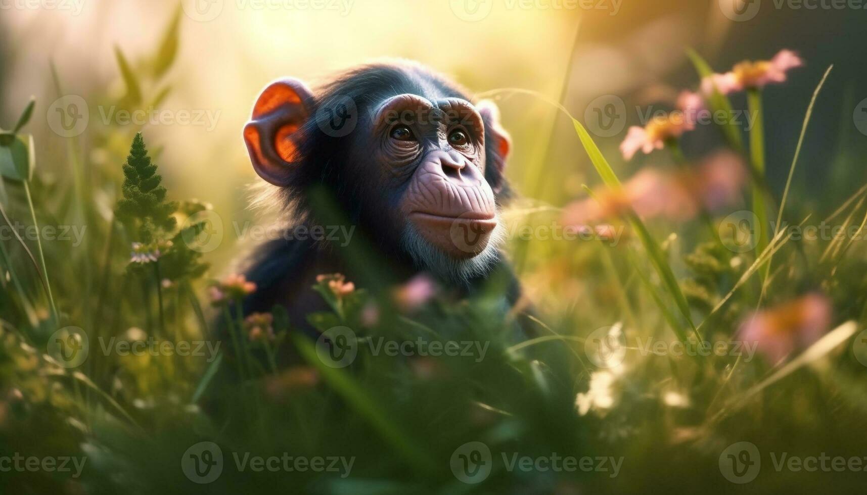 carino scimmia seduta nel erba, guardare a telecamera nel foresta generato di ai foto