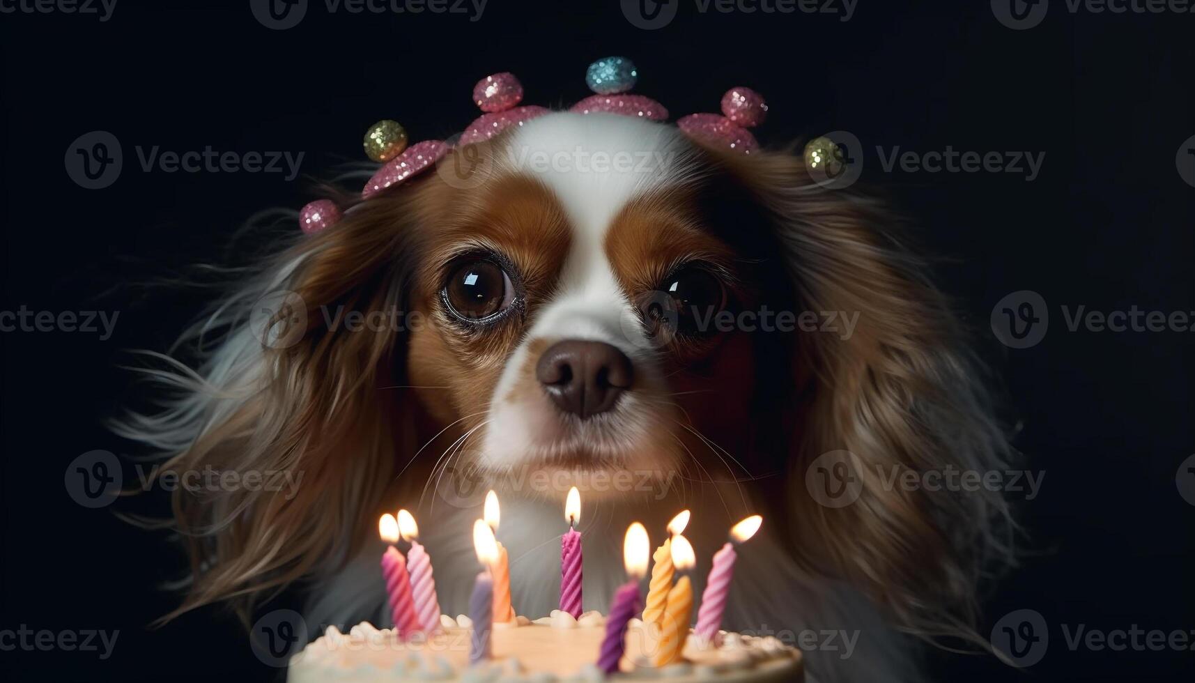 carino cucciolo indossare un' corona, festeggiare compleanno con candela decorazione generato di ai foto