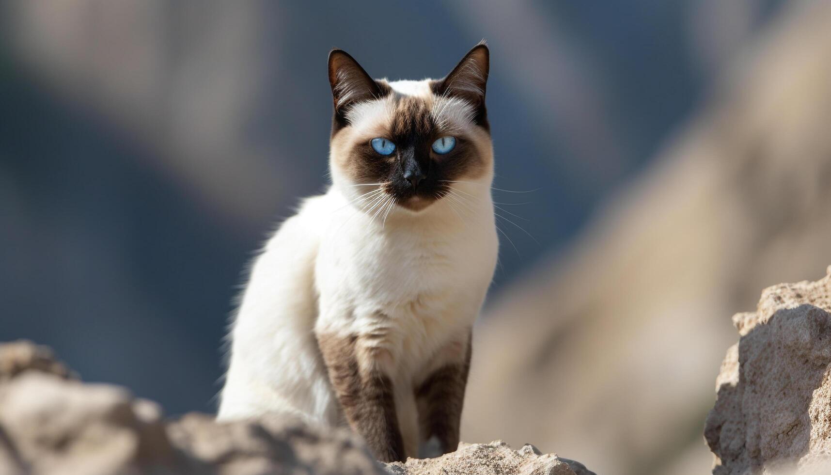 carino gattino seduta all'aperto, fissando con blu occhi, soffice pelliccia generato di ai foto