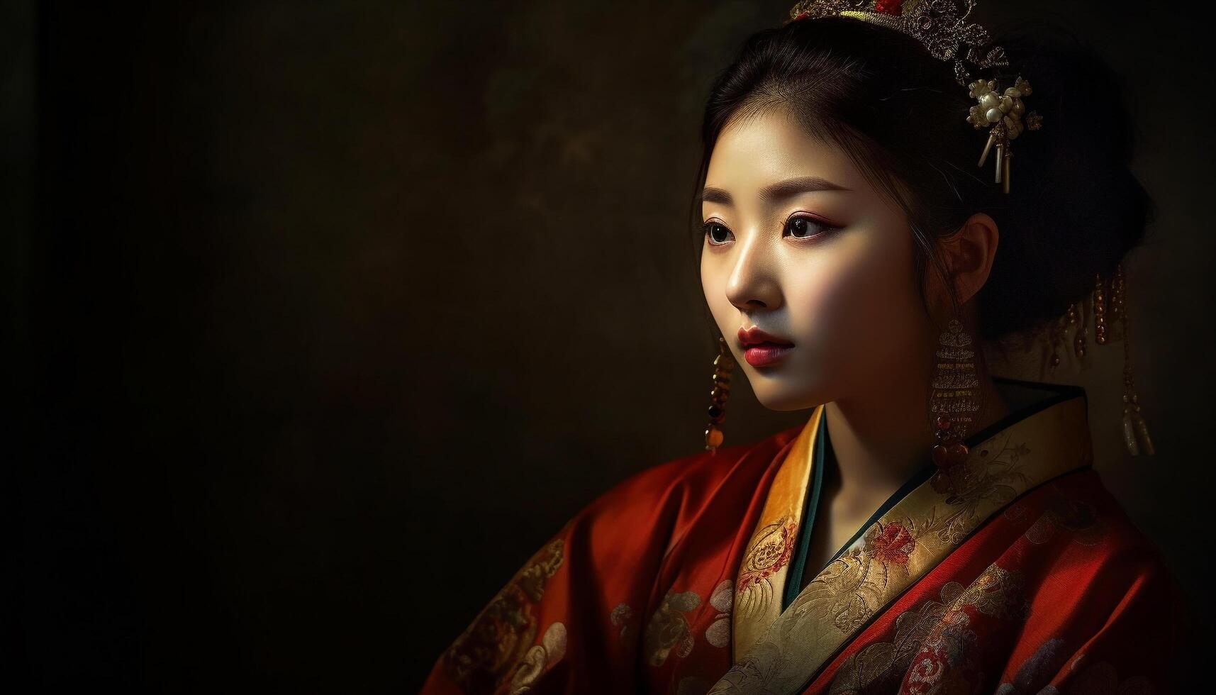 bellissimo giovane donna nel tradizionale giapponese geisha costume, guardare elegante generato di ai foto