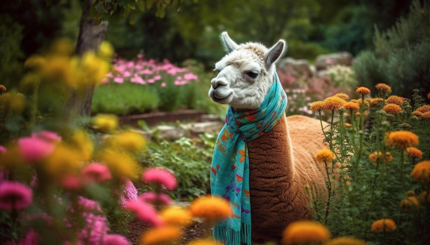 carino alpaca pascolo su verde erba, guardare a telecamera curiosamente generato di ai foto