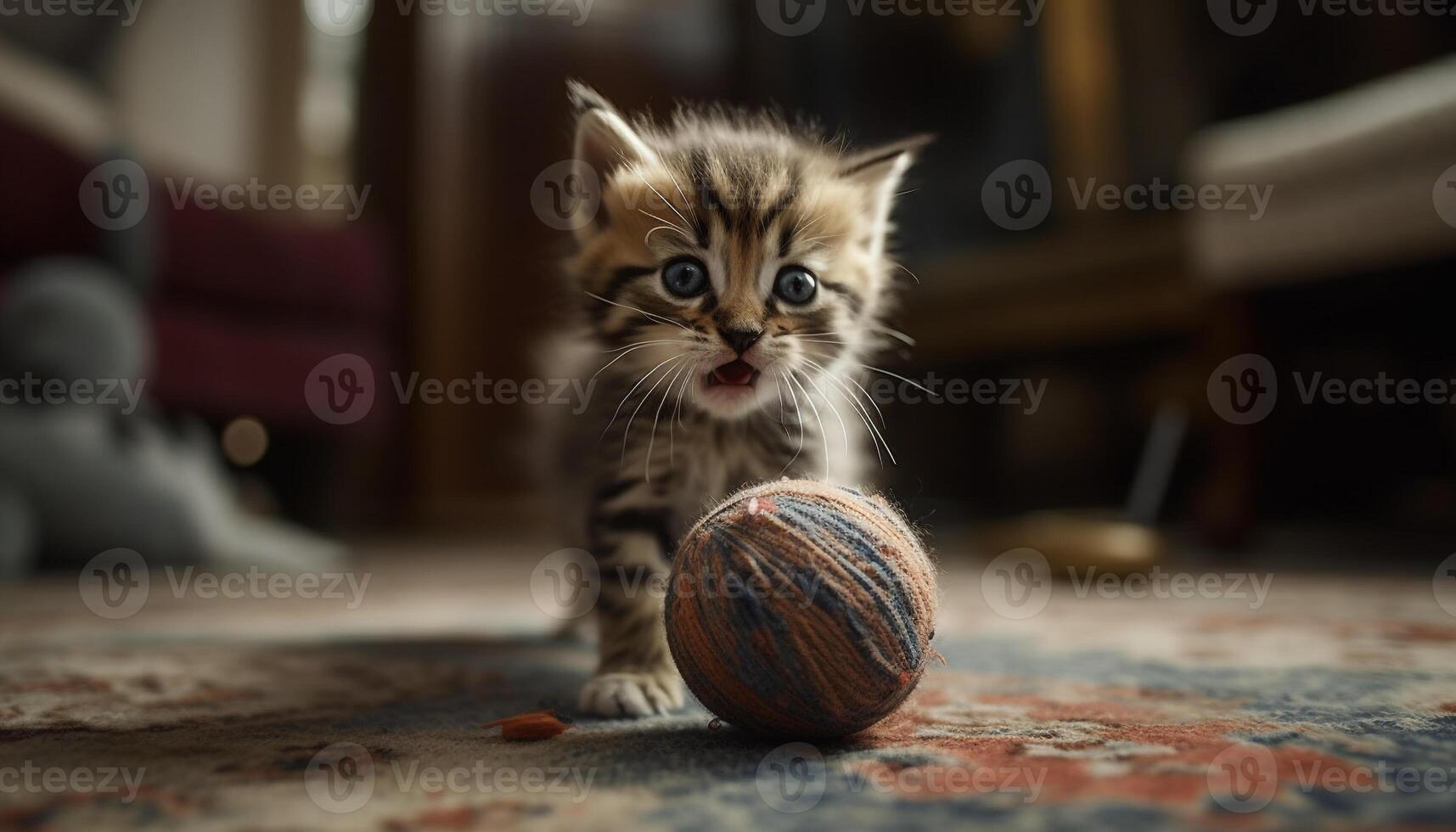 carino gattino giocando con un' giocattolo sfera, guardare a telecamera generato di ai foto