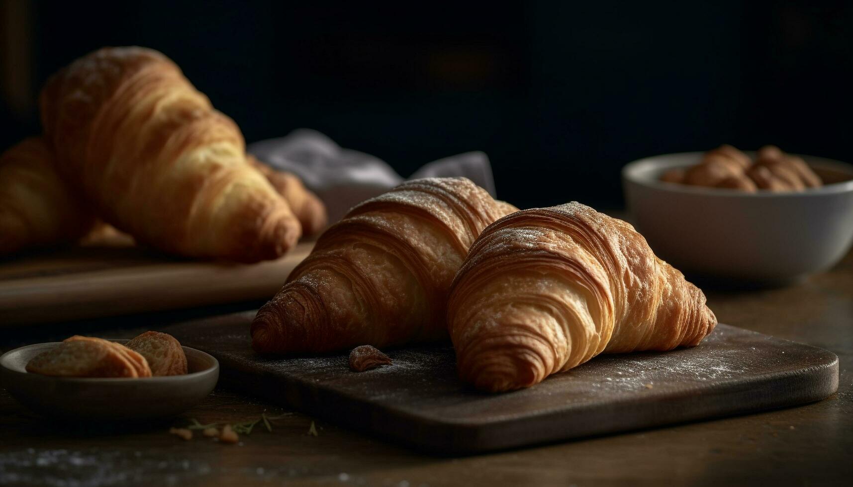 appena al forno brioche su di legno tavolo, un' francese buongustaio diletto generato di ai foto