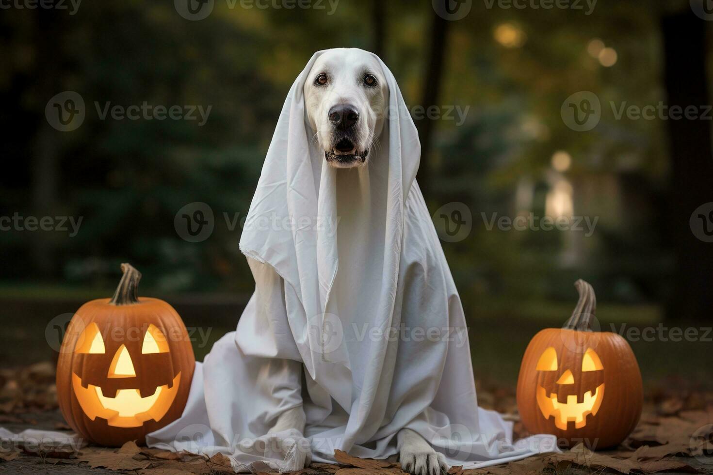Halloween tema. cane nel fantasma costume con zucche su buio sfondo ai generato foto