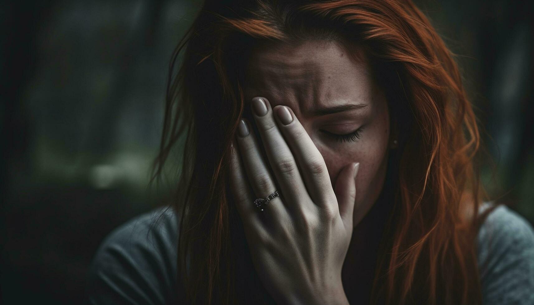 un' giovane donna tristezza riflette il bellezza di sua dolore generato di ai foto