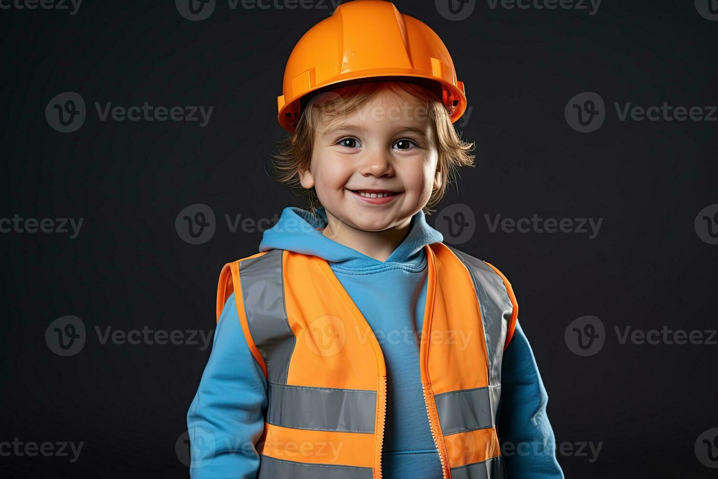 ritratto di un' carino poco ragazzo nel un' costruzione casco ai generato foto
