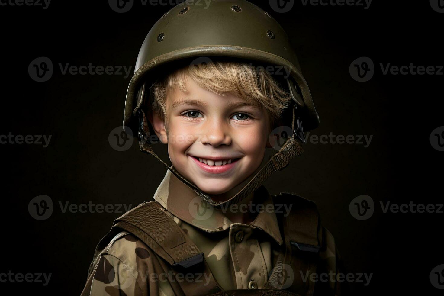 ritratto di un' carino poco ragazzo nel militare uniforme su buio sfondo ai generato foto