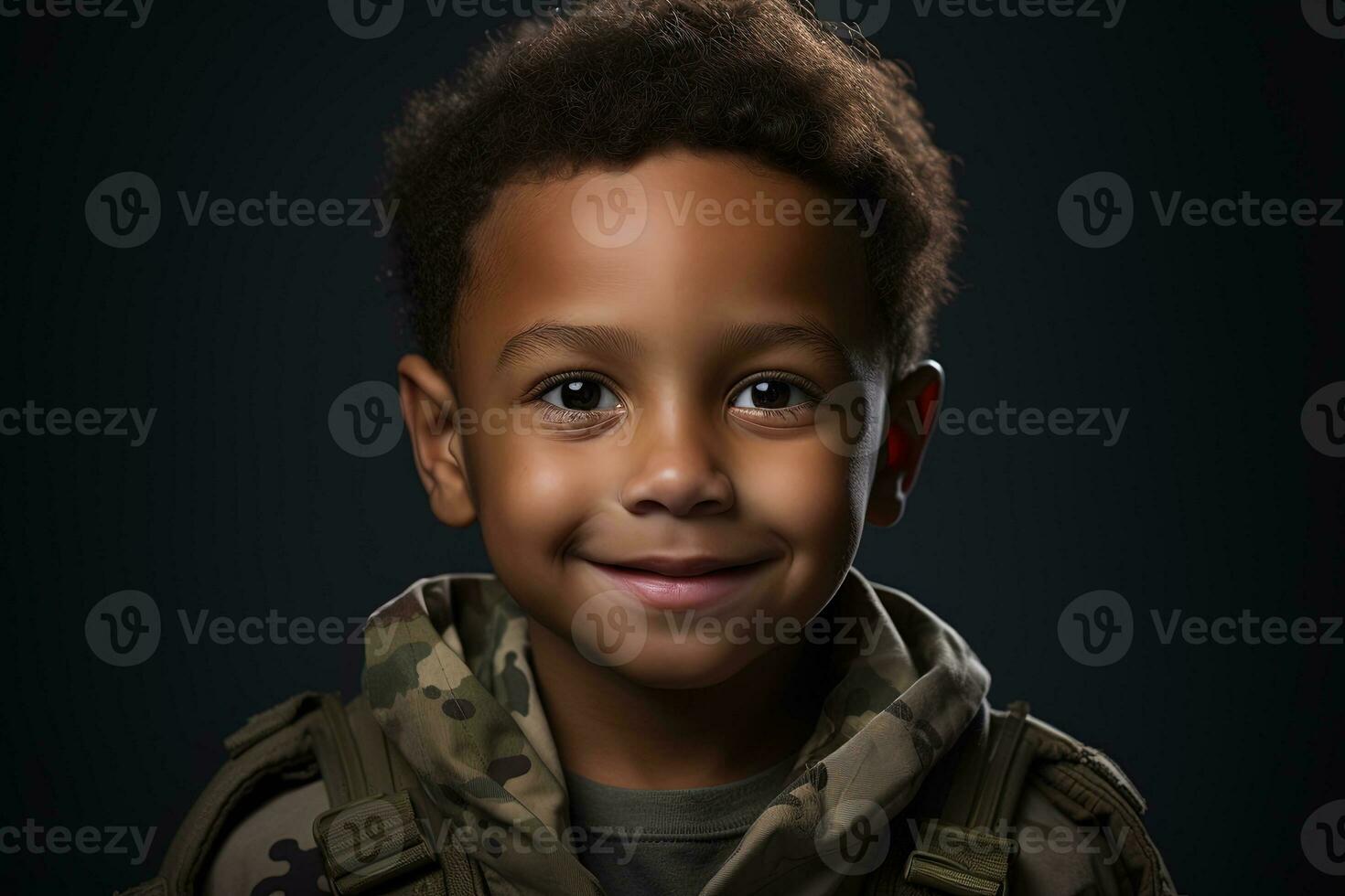 ritratto di un' carino poco ragazzo nel militare uniforme su buio sfondo ai generato foto