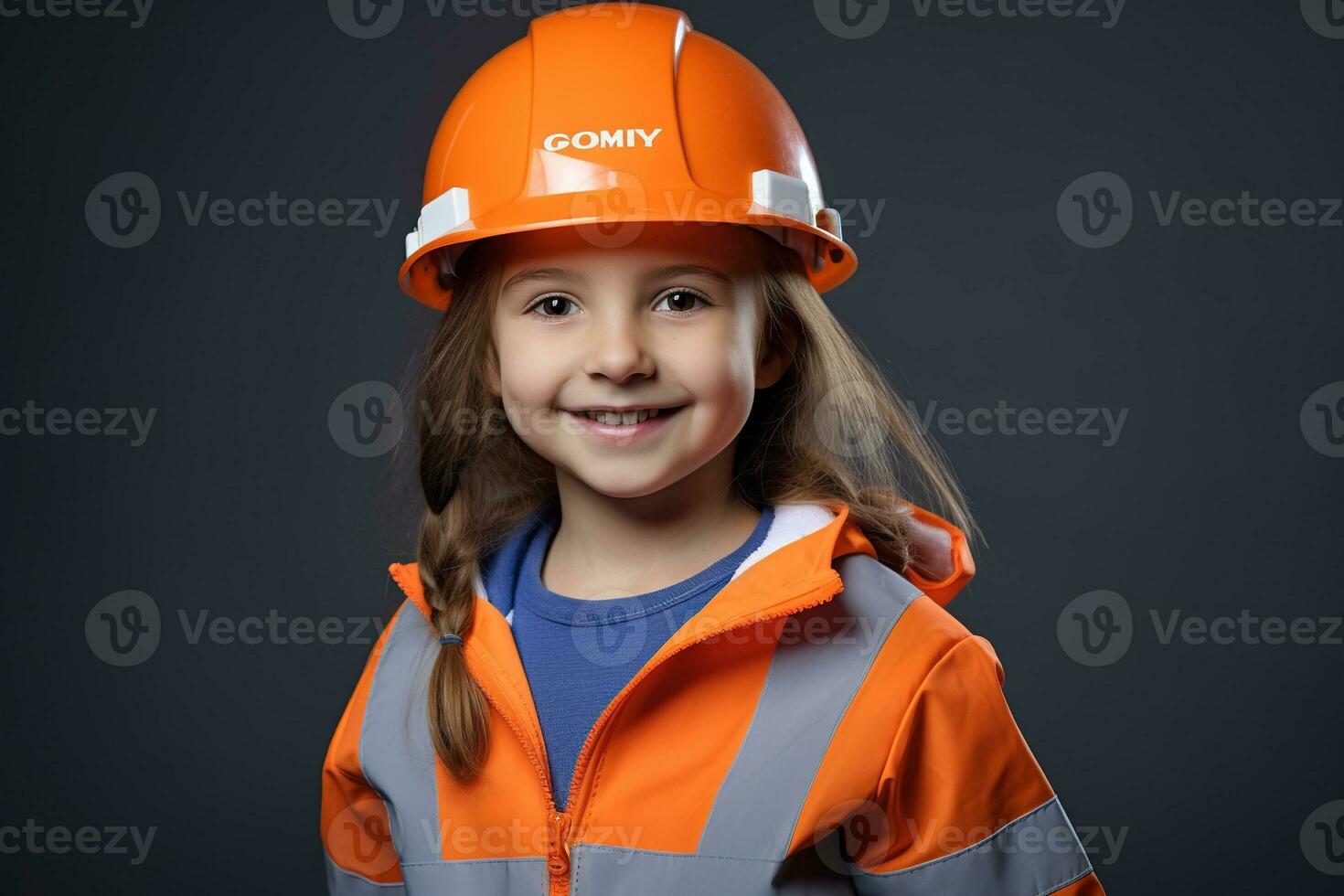 ritratto di un' sorridente poco ragazza nel un' costruzione casco ai generato foto