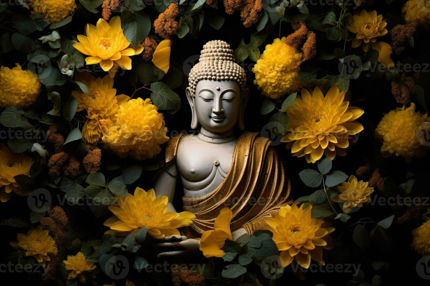 Budda statua circondato di giallo fiori ai generato foto