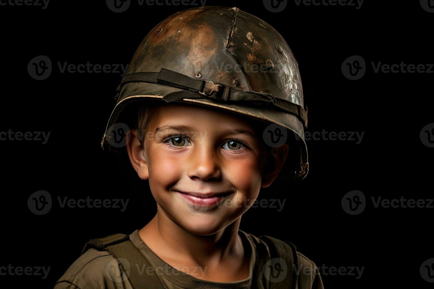 ritratto di un' carino poco ragazzo nel militare uniforme su buio sfondo ai generato foto