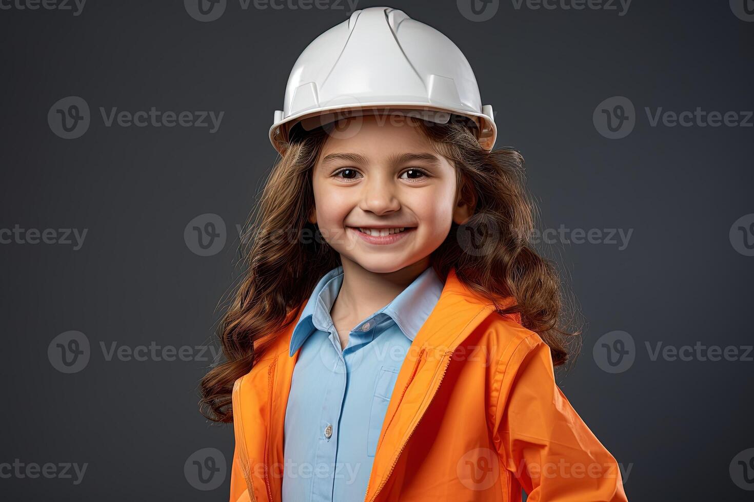 ritratto di un' sorridente poco ragazza nel un' costruzione casco ai generato foto