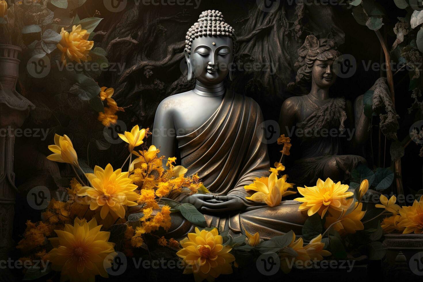 un' d'oro Budda statua circondato di fiori ai generato foto