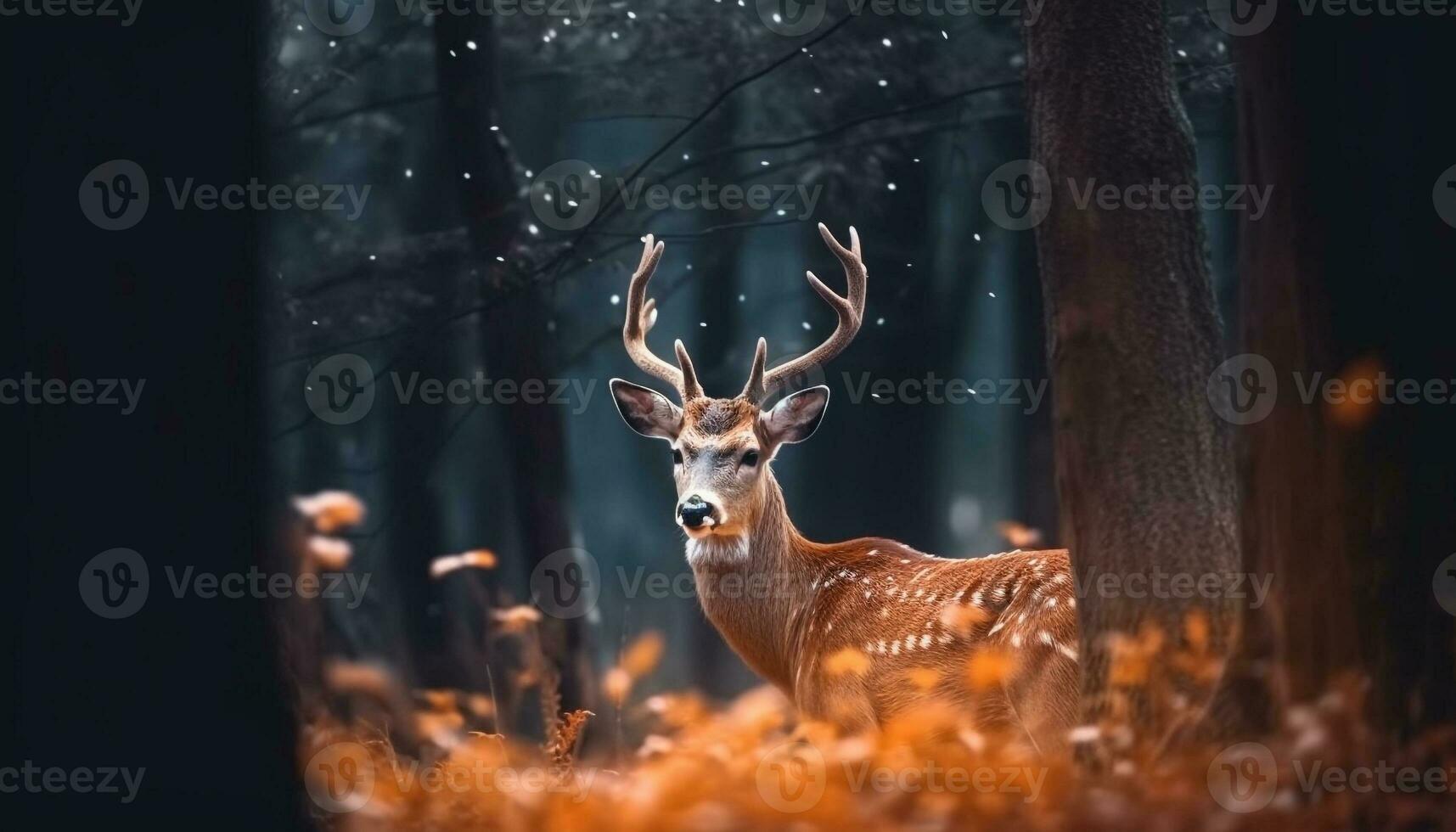 un' carino cervo sta nel il nevoso foresta a notte generato di ai foto